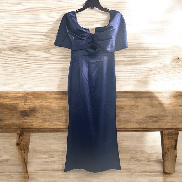 Pretty Little Thing Navy Satin Bow Bardot Maxi Dress Size 4 Wedding Wedding Gues - Picture 1 of 7